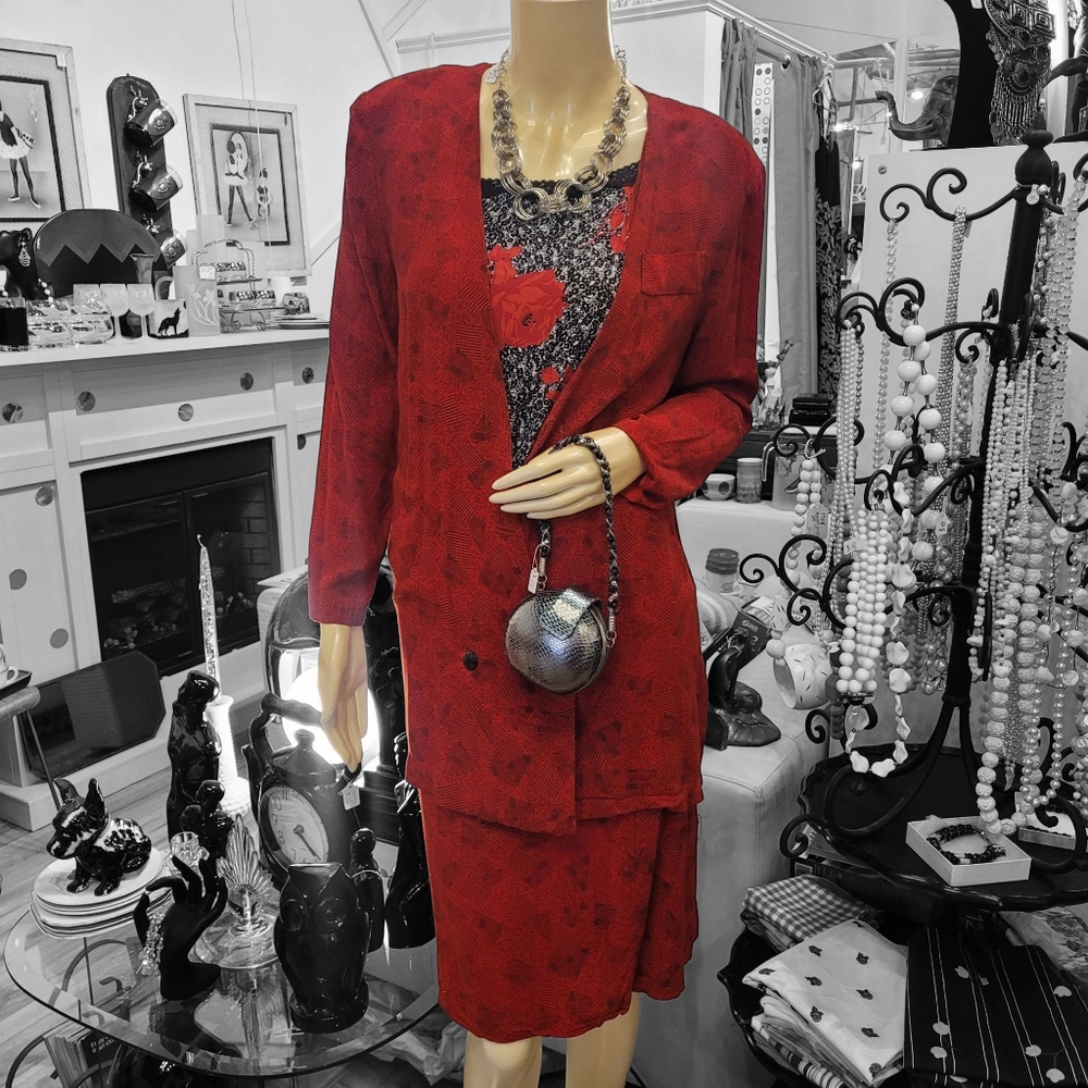 80s 2pc rayon box style blazer and skirt set, pencil skirt